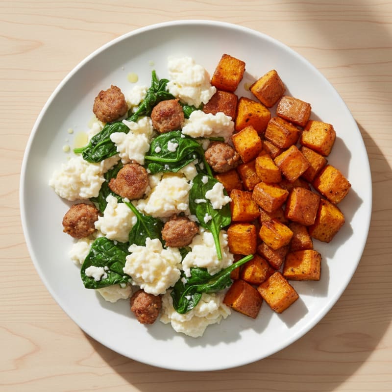Egg White Spinach Scramble with Turkey Sausage and Roasted Sweet Potatoes