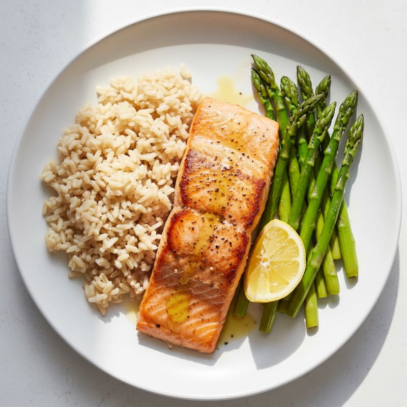 Seared Salmon Fillet with Steamed Asparagus and Brown Rice