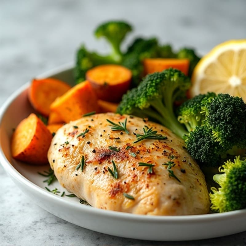 Lemon Herb Roasted Chicken with Crispy Roasted Broccoli and Sweet Potatoes