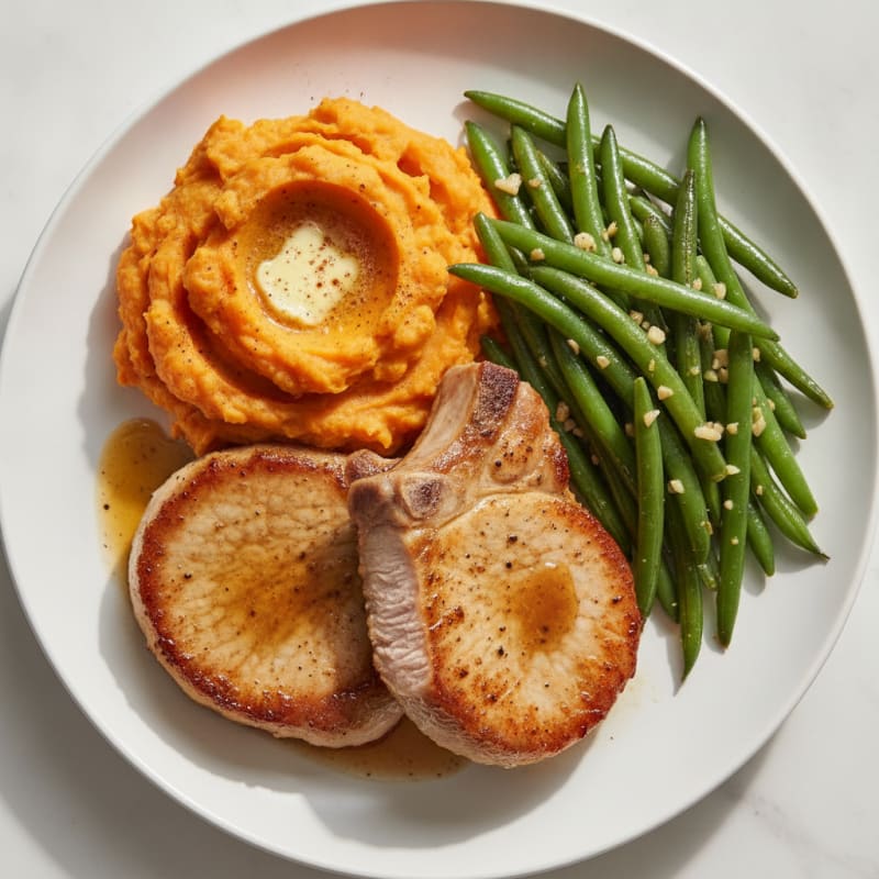 Seared Lean Pork Chops with Garlic Green Beans and Mashed Sweet Potatoes