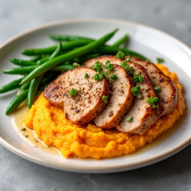 Seared Turkey Breast with Garlic Green Beans and Sweet Potato Mash