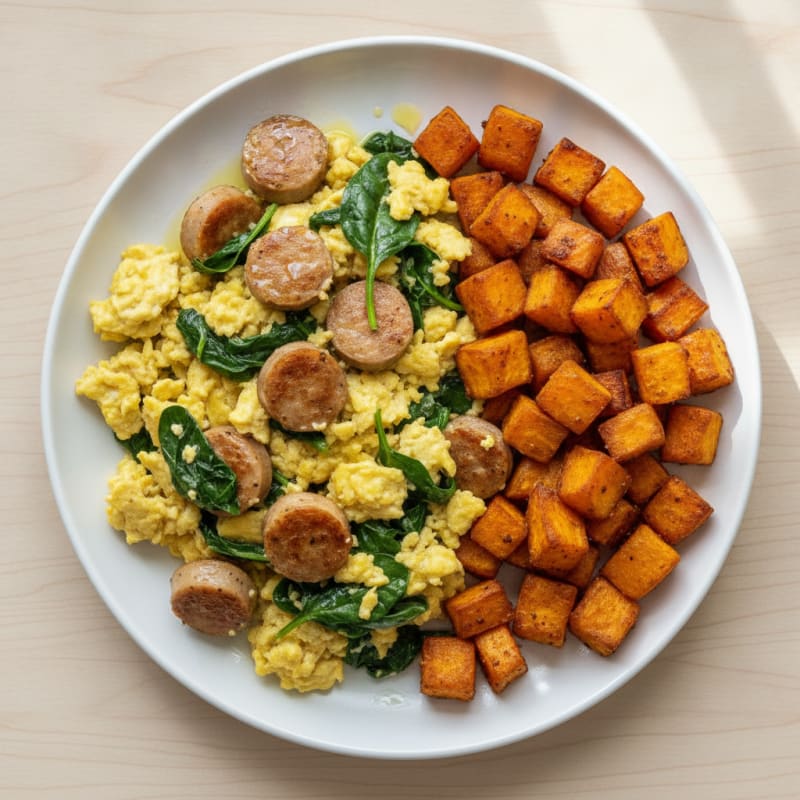Chicken Sausage and Spinach Scramble with Roasted Sweet Potatoes