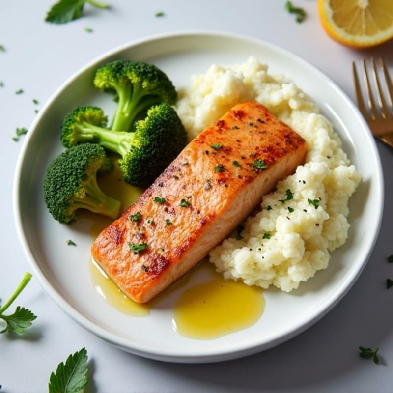 Seared Salmon with Roasted Broccoli and Garlic Mashed Cauliflower