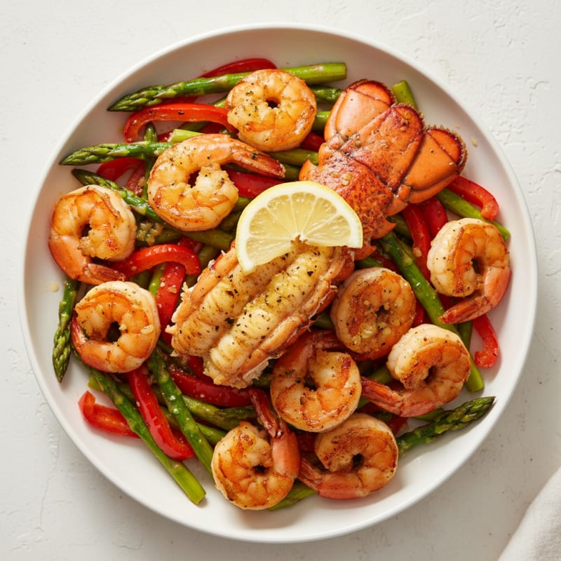 Seared Shrimp and Lobster with Roasted Vegetables