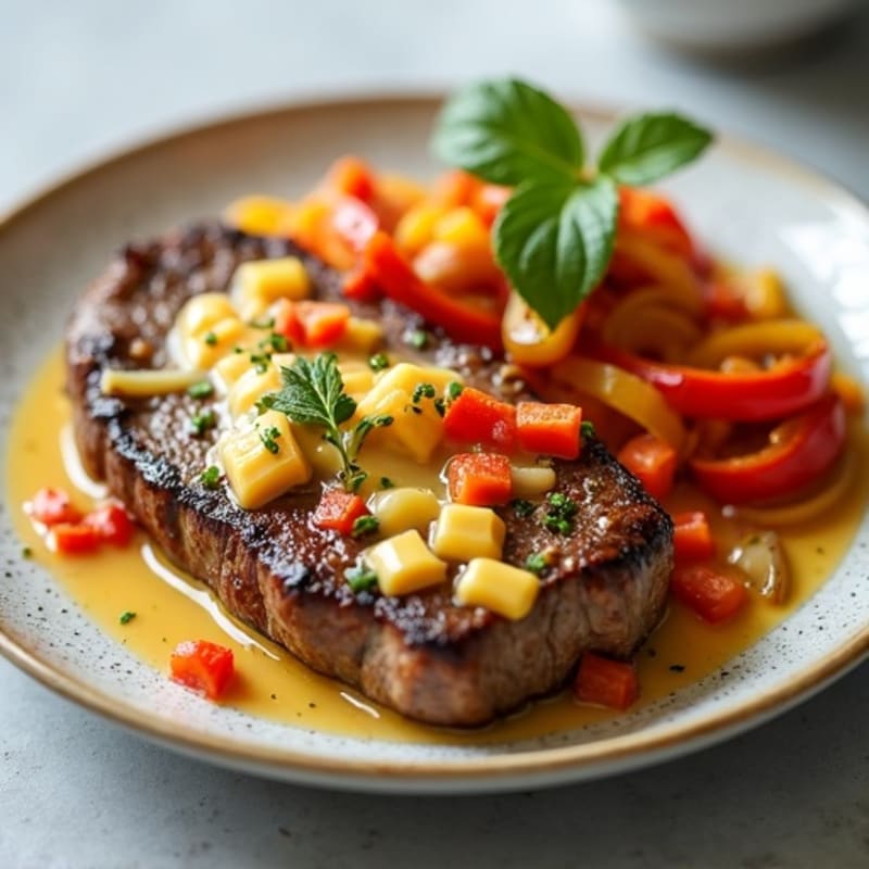 Lean Steak with Sautéed Peppers, Onions, and Creamy Cheesy Sauce