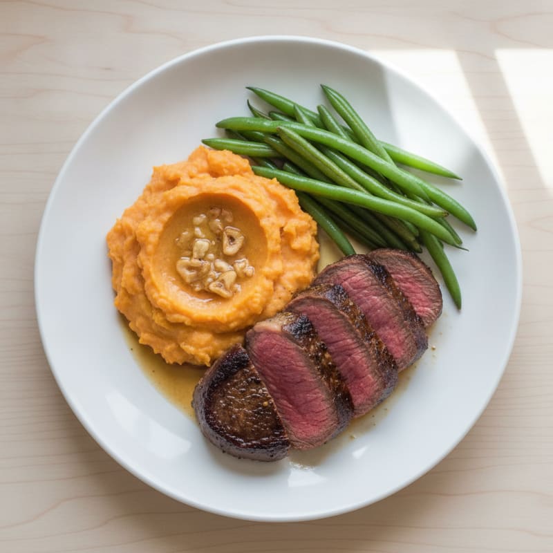 Seared Beef Sirloin with Steamed Green Beans and Sweet Potato Mash