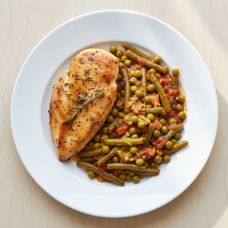 Herb-Roasted Chicken Breast with Braised Green Beans and Peas