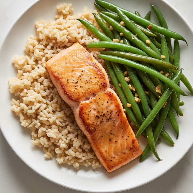 Seared Salmon with Garlic Green Beans and Brown Rice