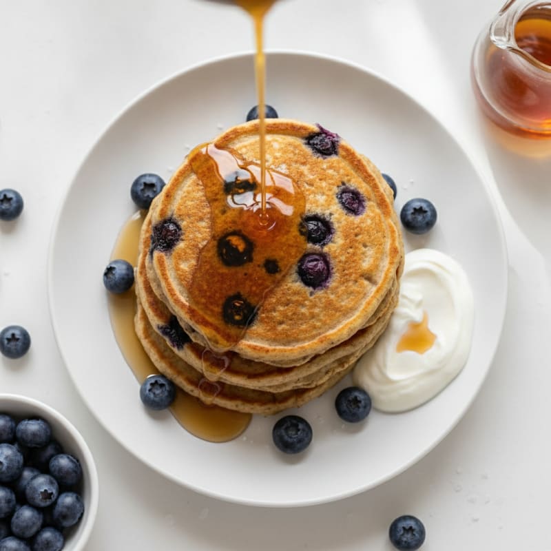 Blueberry Ricotta Pancakes with Maple Syrup