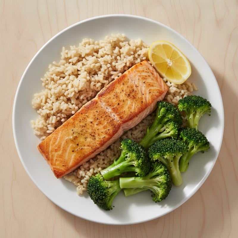 Seared Salmon with Steamed Broccoli and Brown Rice
