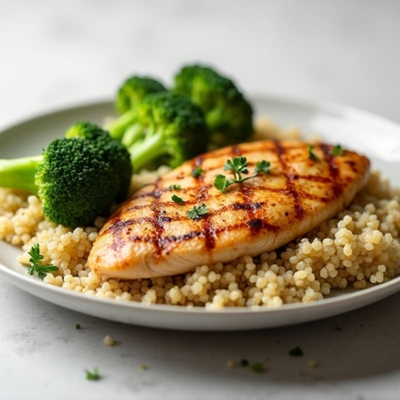 Grilled Chicken Breast with Steamed Broccoli and Quinoa