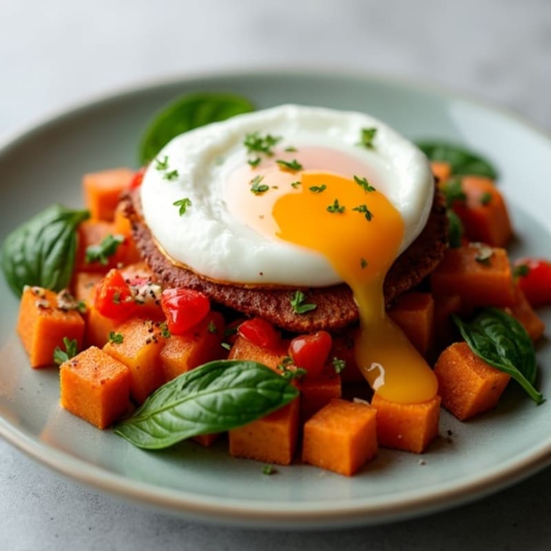 Crispy Mortadella and Sweet Potato Hash with Poached Egg