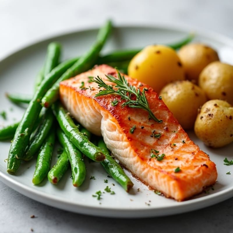 Seared Salmon with Garlic Green Beans and Herb-Roasted Potatoes