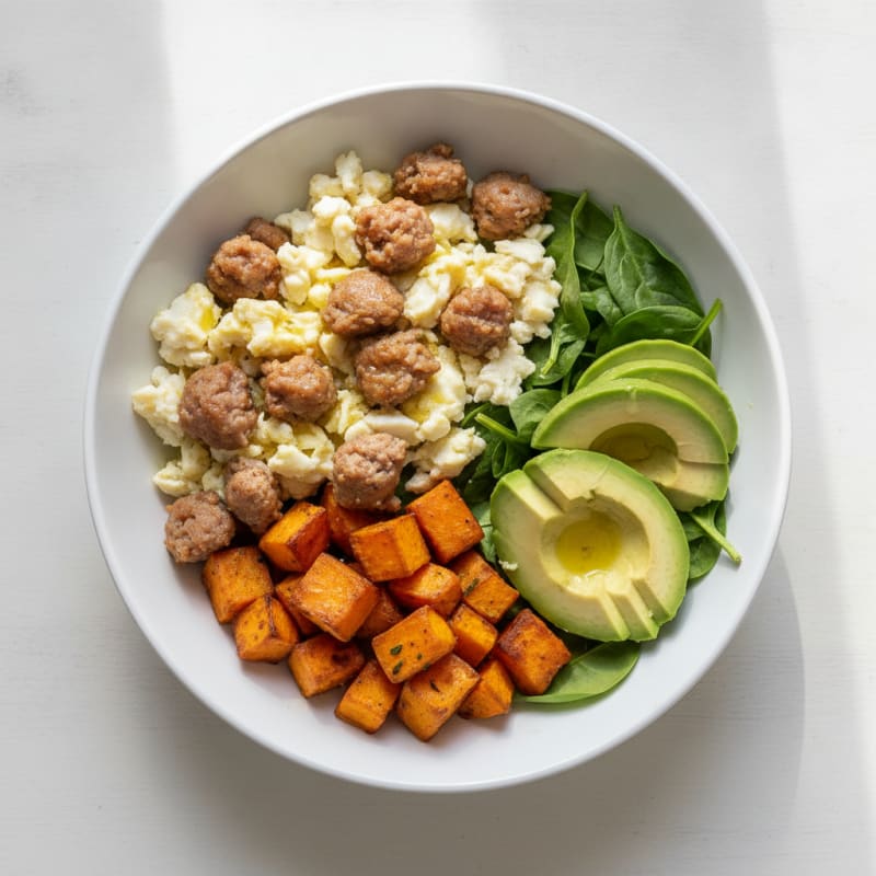 Egg White Scramble with Turkey Sausage and Roasted Sweet Potatoes