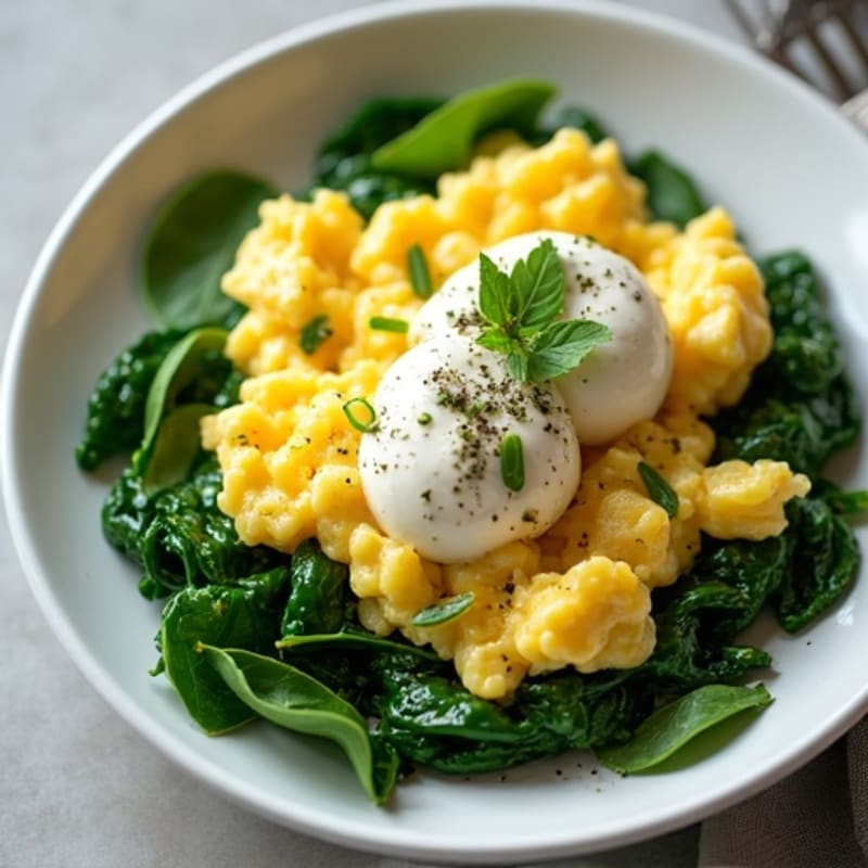 Creamy Scrambled Eggs with Fresh Herbs and Sautéed Greens