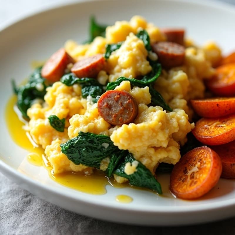 Egg White and Turkey Sausage Scramble with Spinach and Roasted Sweet Potatoes