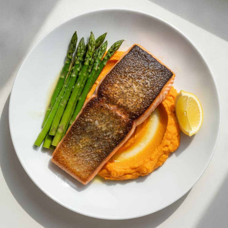 Seared Salmon with Steamed Asparagus and Sweet Potato Mash
