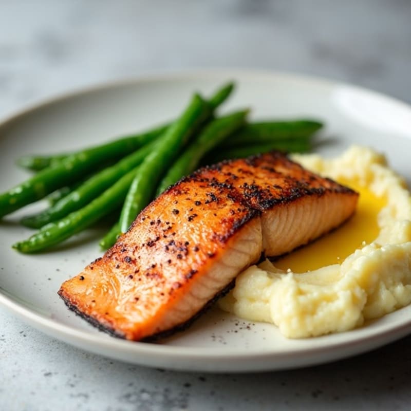Seared Salmon with Steamed Green Beans and Garlic Mashed Potatoes