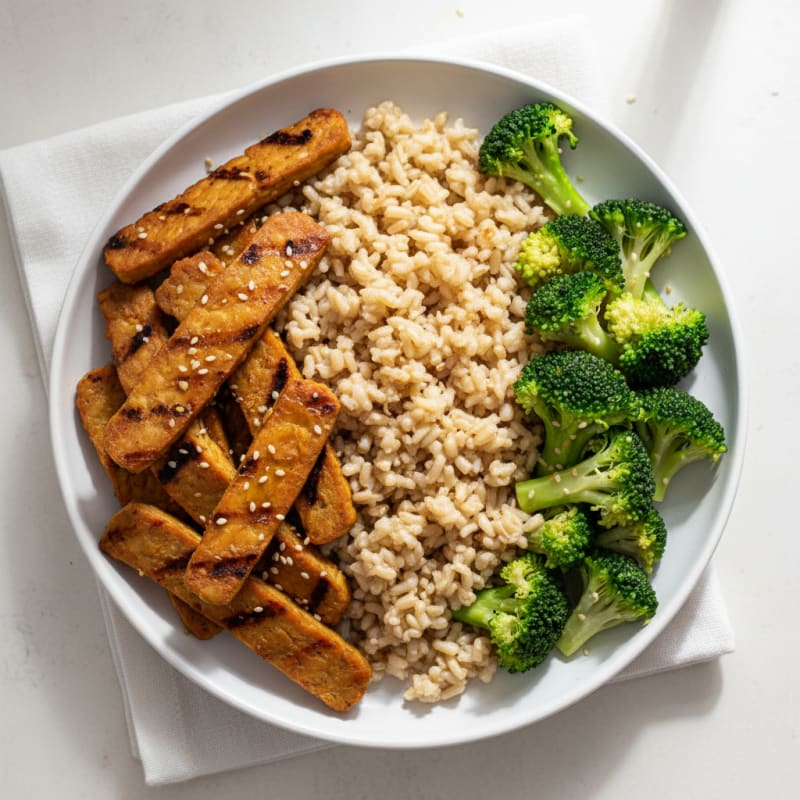 Grilled Tempeh with Steamed Broccoli and Brown Rice