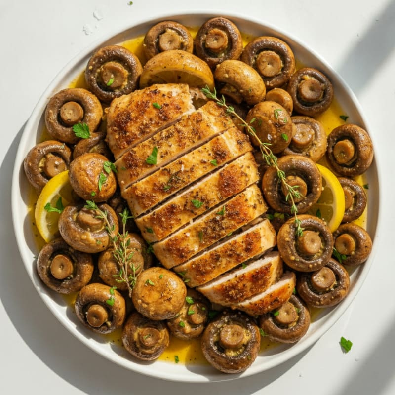 Garlic Butter Roasted Mushrooms with Herb-Crusted Chicken
