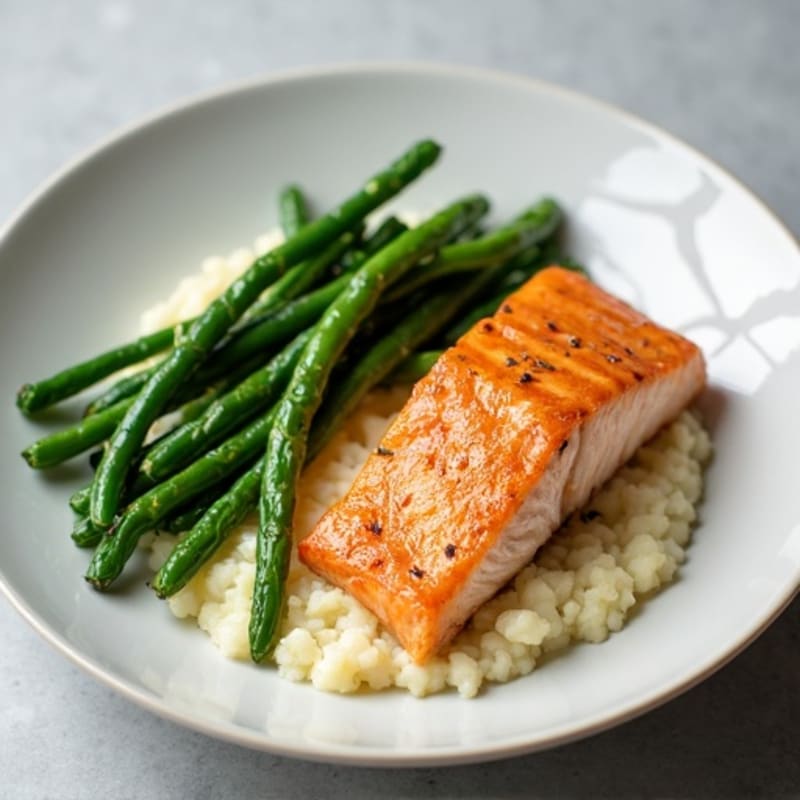 Seared Salmon Fillet with Garlic Green Beans and Cauliflower Mash