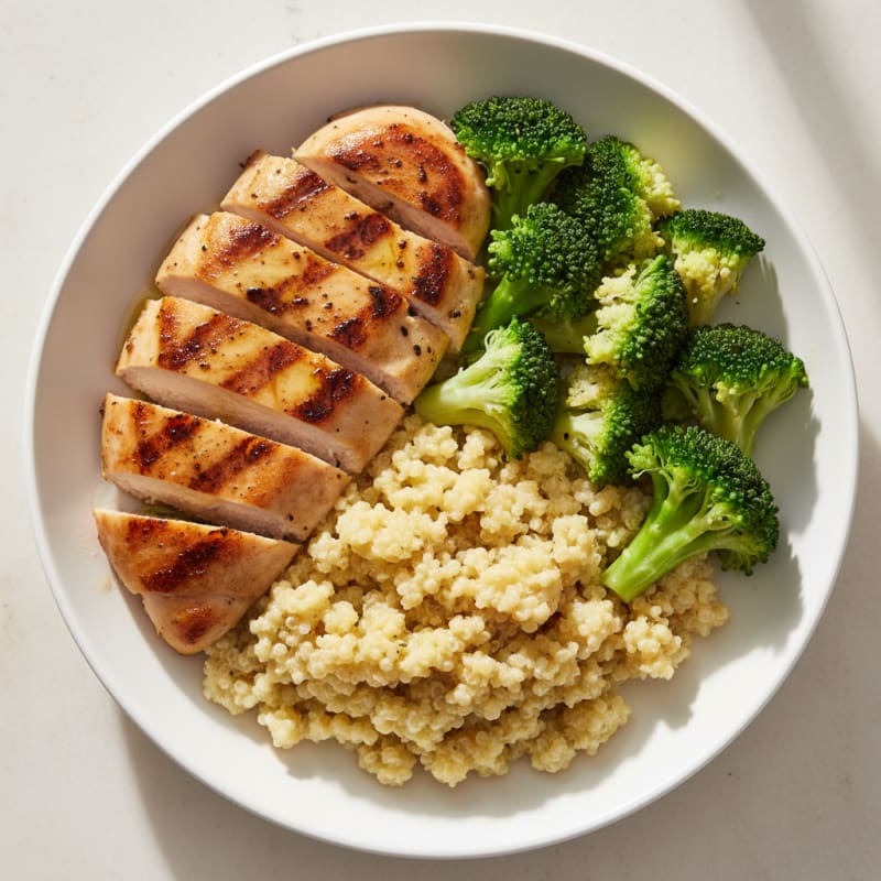 Grilled Chicken Breast with Creamy Quinoa and Steamed Broccoli