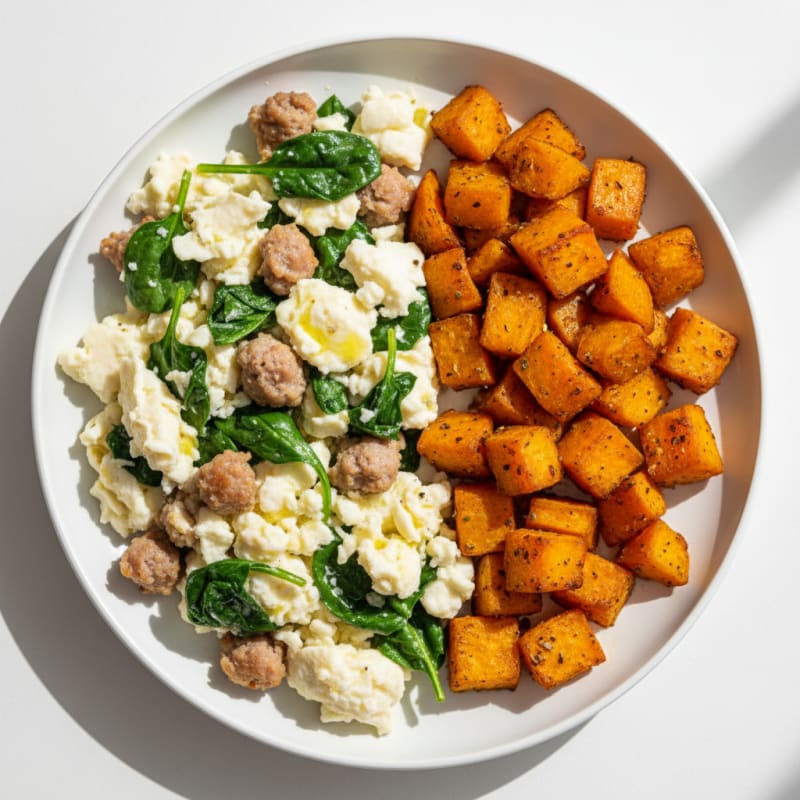 Egg White and Turkey Sausage Scramble with Spinach and Roasted Sweet Potatoes
