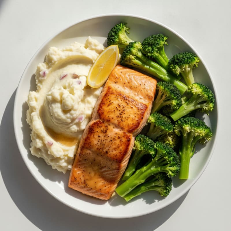 Seared Salmon with Steamed Broccoli and Garlic Mashed Potatoes