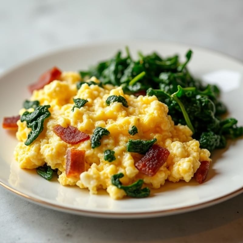 Cottage Cheese Egg Scramble with Sautéed Spinach and Turkey Bacon