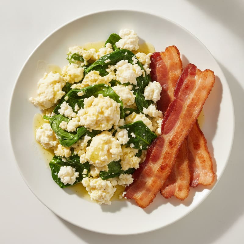 Cottage Cheese Scramble with Spinach and Seared Turkey Bacon