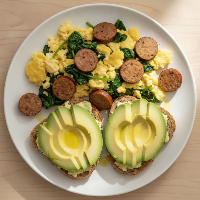 Scrambled Eggs with Turkey Sausage and Sautéed Spinach