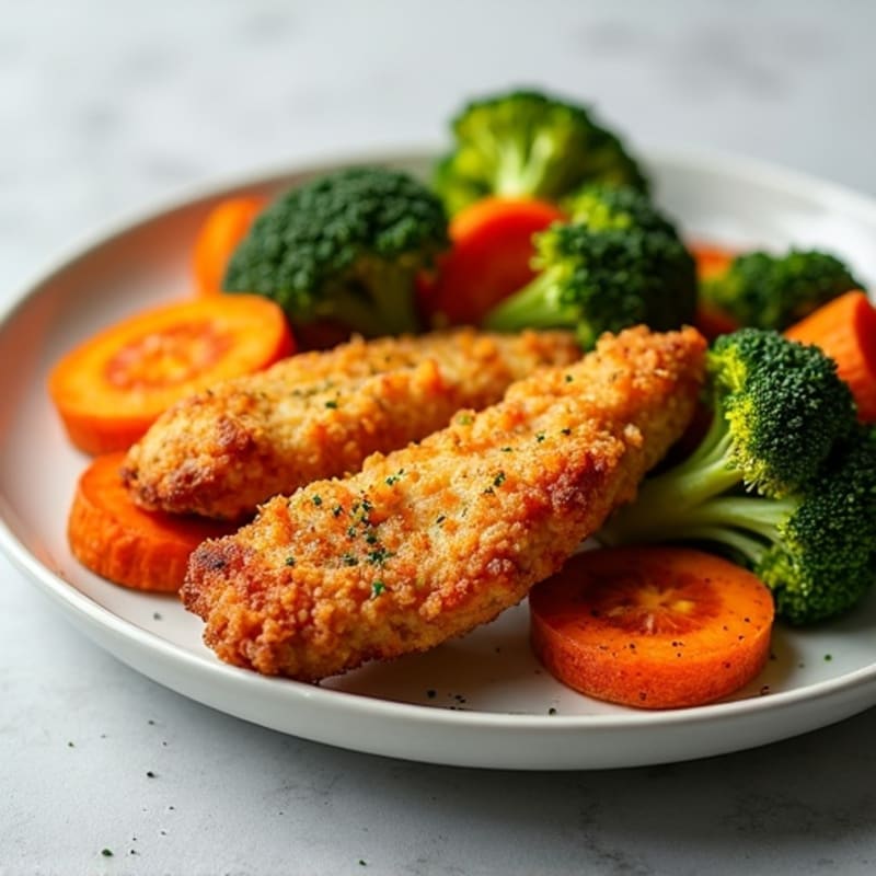 Crispy Chicken Tenders with Roasted Sweet Potatoes, Broccoli, and Carrots