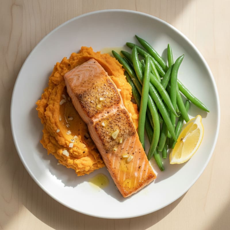 Seared Salmon with Steamed Green Beans and Garlic Mashed Sweet Potatoes