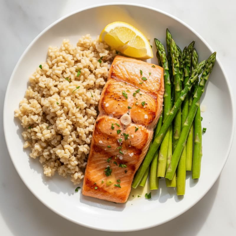 Seared Salmon Fillet with Steamed Asparagus and Brown Rice