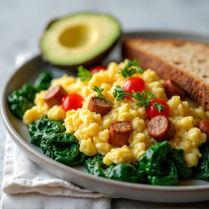 Egg White and Turkey Sausage Scramble with Sautéed Spinach