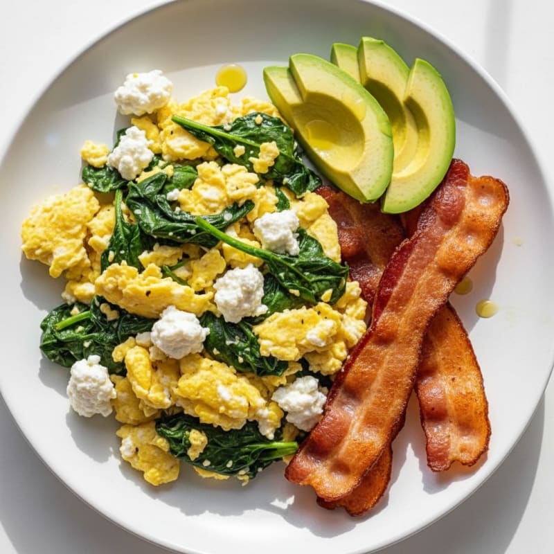 Cottage Cheese Egg Scramble with Spinach and Turkey Bacon
