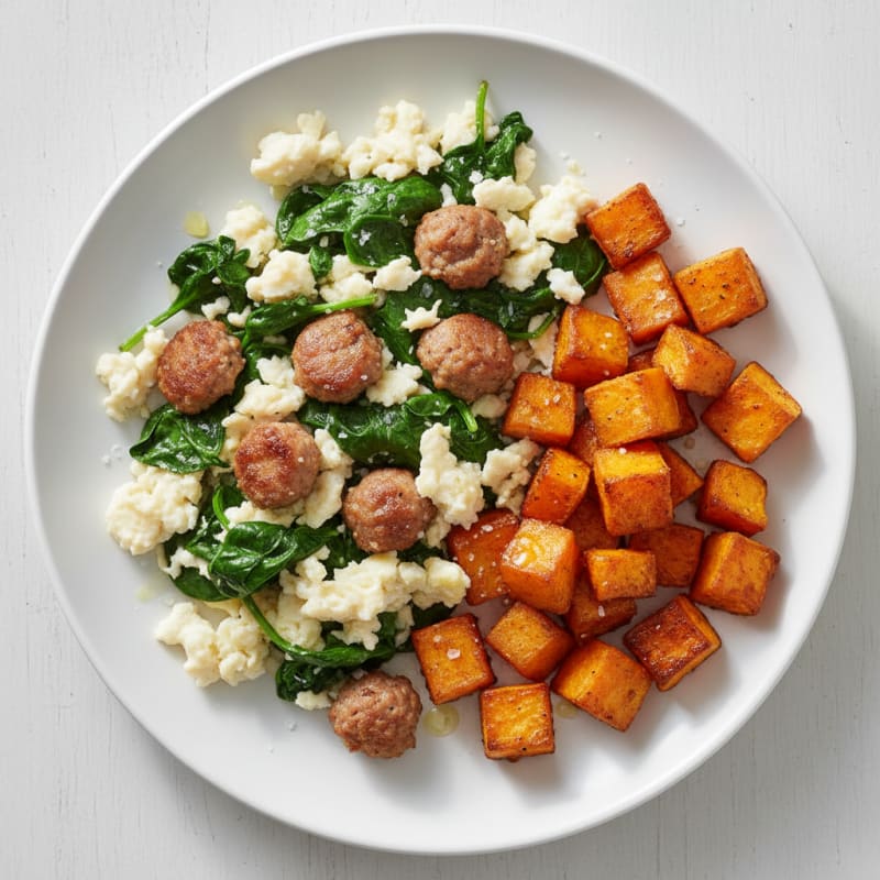 Egg White Spinach Scramble with Turkey Sausage and Roasted Sweet Potatoes