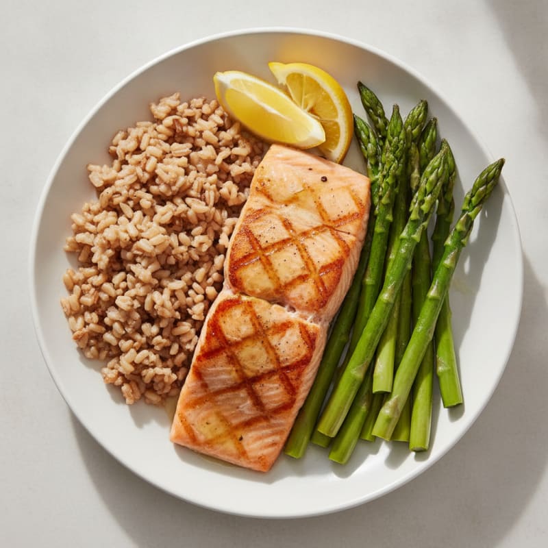 Seared Salmon with Steamed Asparagus and Brown Rice