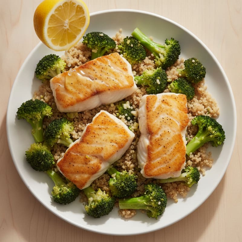 Seared Cod with Steamed Broccoli and Quinoa