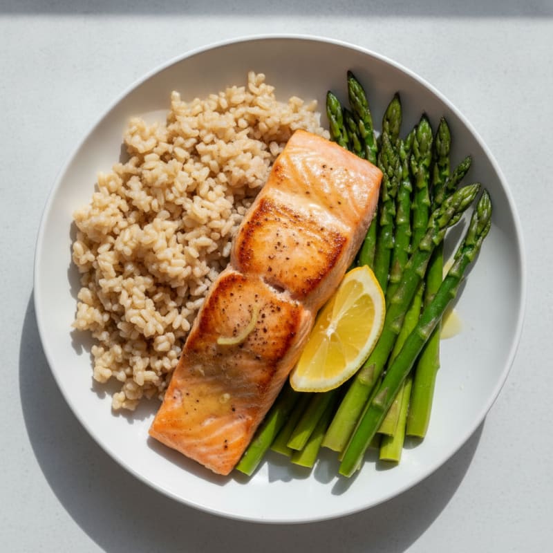 Seared Salmon with Steamed Asparagus and Brown Rice