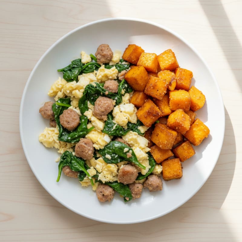 Egg White and Turkey Sausage Scramble with Spinach and Roasted Sweet Potato