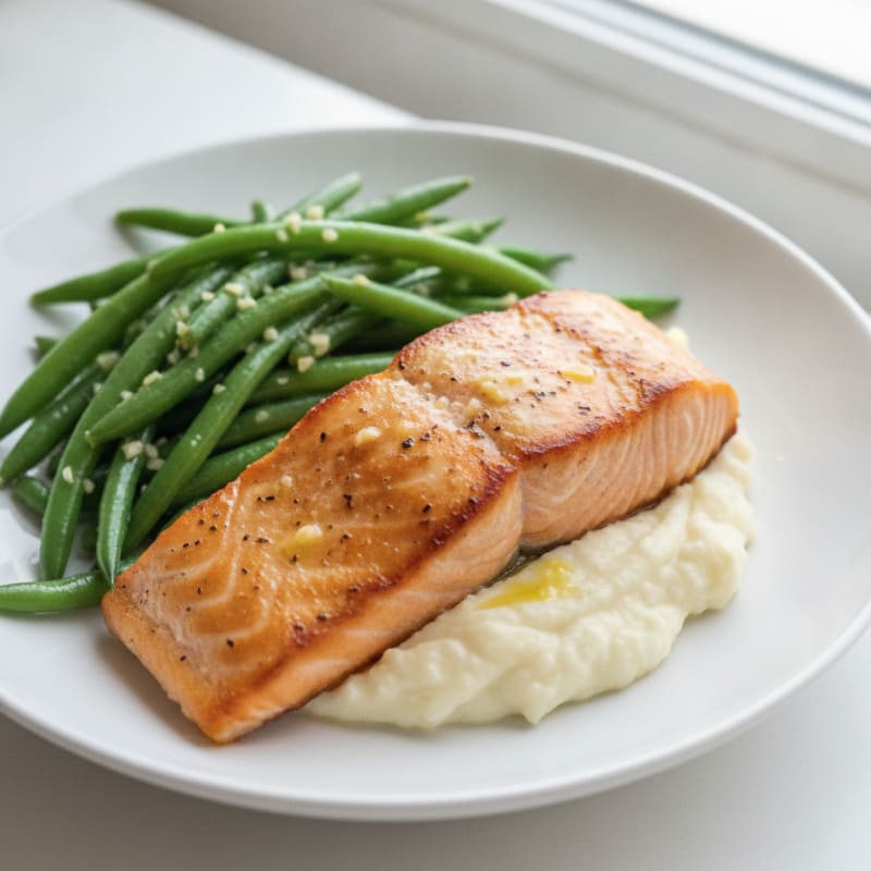 Seared Salmon with Steamed Green Beans and Cauliflower Mash