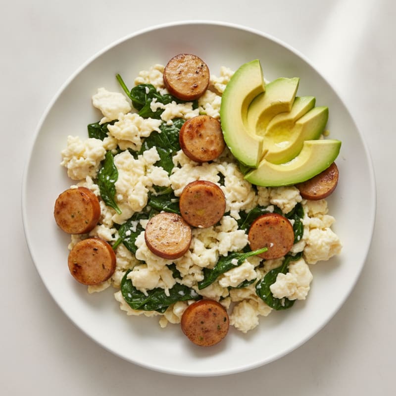 Egg White Scramble with Chicken Sausage and Spinach