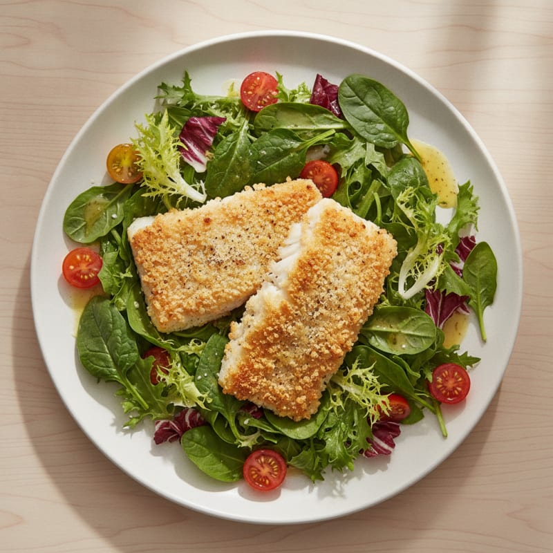 Crispy Baked Cod with Mixed Greens Salad