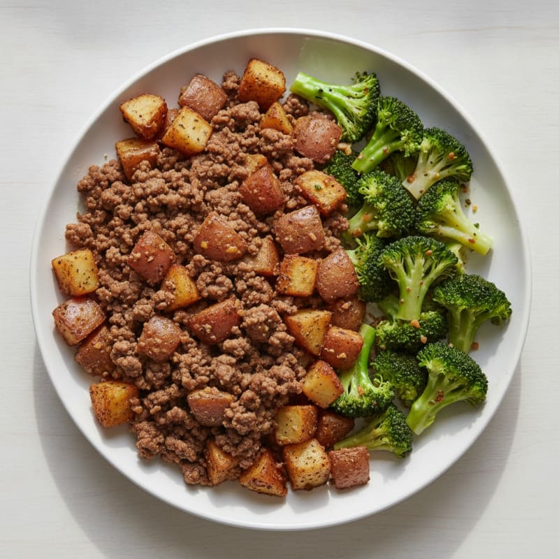 Lean Ground Beef and Roasted Potato Skillet with Steamed Broccoli