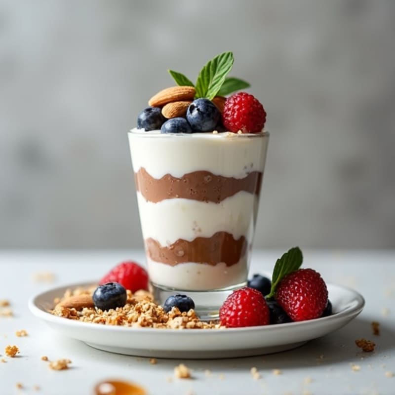 High-Protein Greek Yogurt Parfait with Chocolate Protein and Almonds