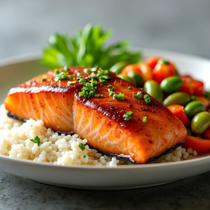 Soy-Ginger Seared Salmon with Garlic Stir-Fried Vegetables