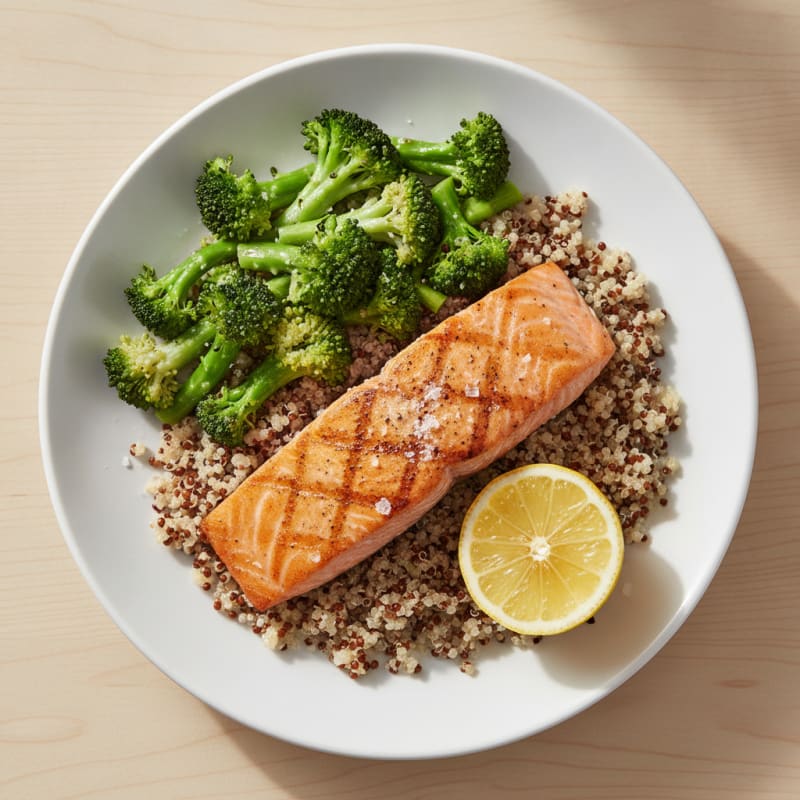 Seared Salmon Fillet with Steamed Broccoli and Quinoa