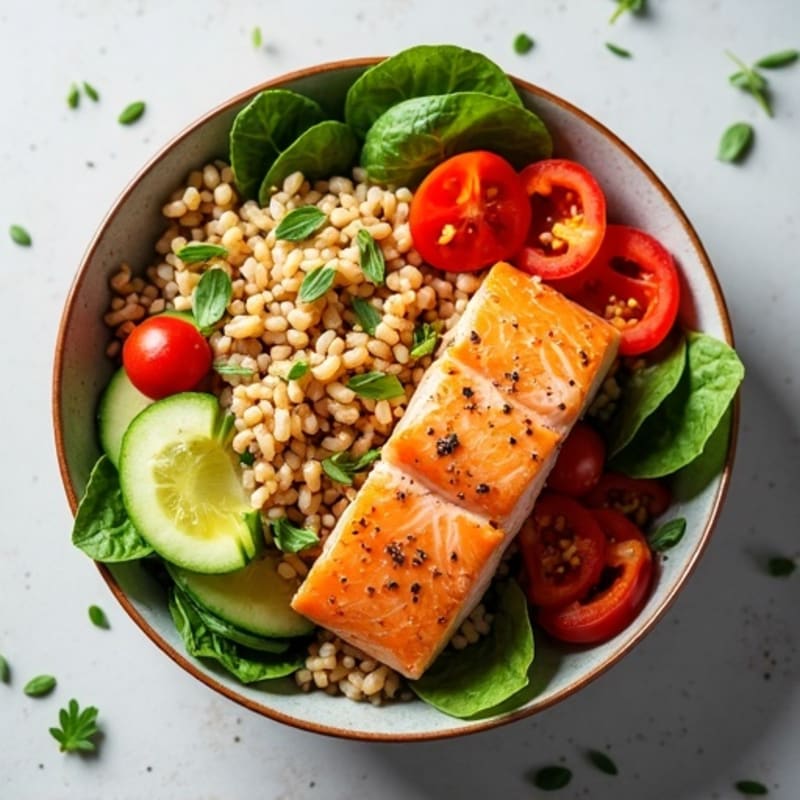 Fresh Salmon and Crisp Vegetable Rice Bowl