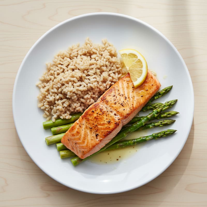 Seared Salmon with Steamed Asparagus and Brown Rice